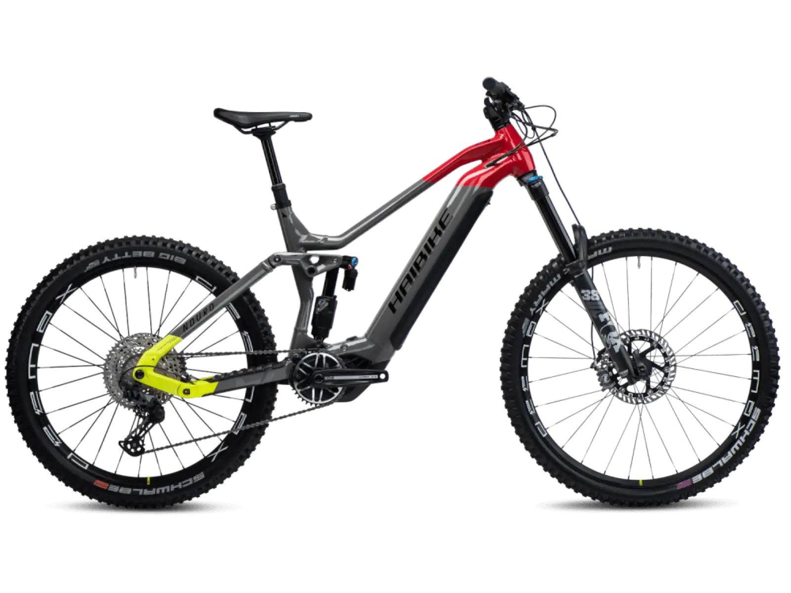 Haibike Nduro 7 in Glanz Grau Rot Limette, vollgefedertes Elektrofahrrad.