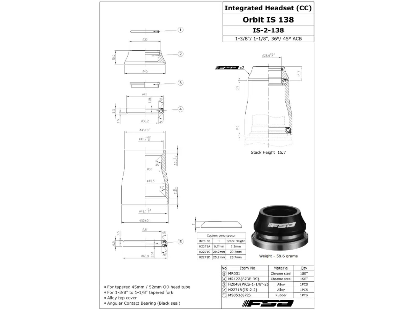 FSA ORBIT IS 1 3/8" Steuersatz 15,2 mm AL