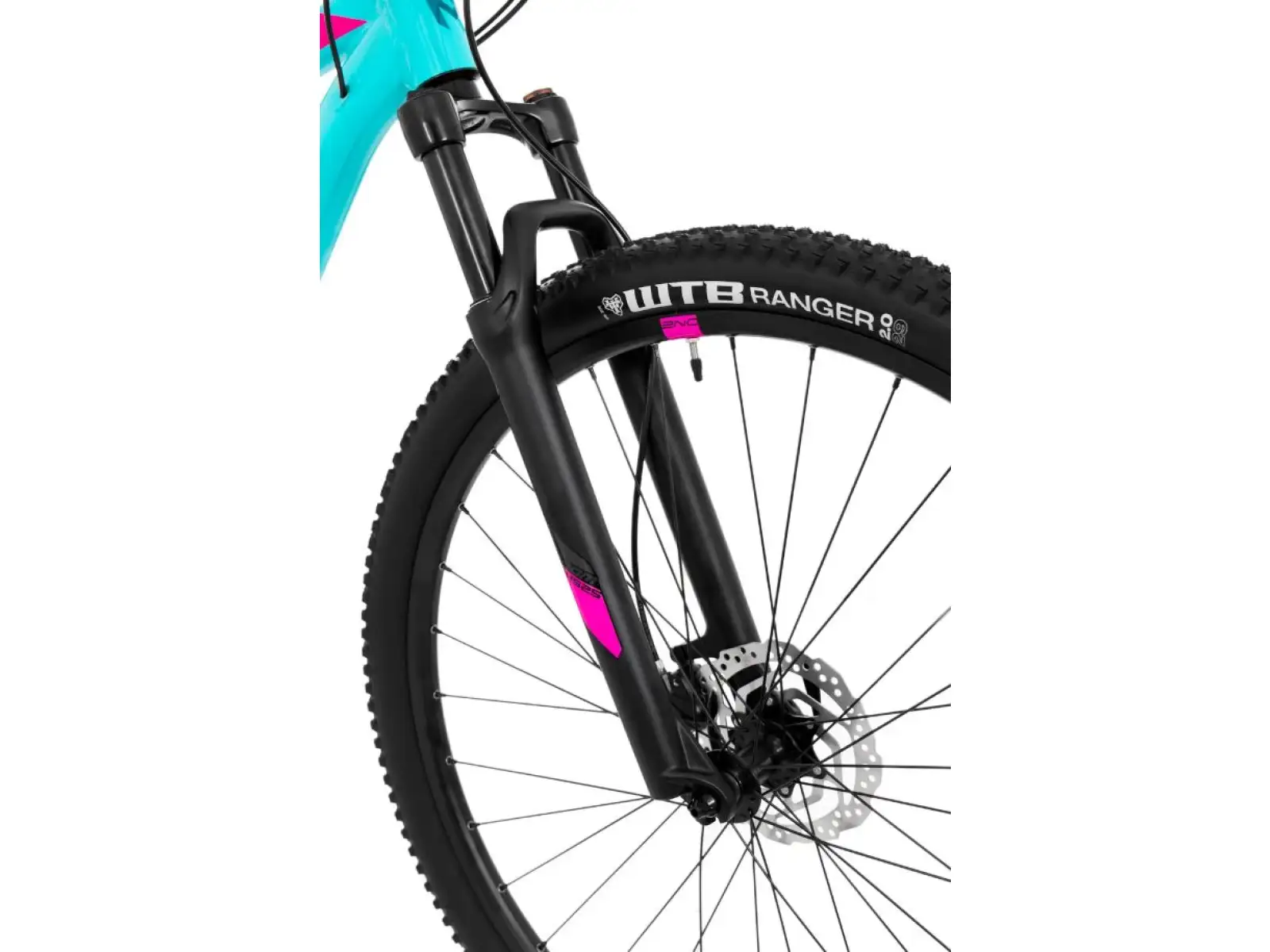 Rock Machine Catherine 10-29 in Neon Cyan/Petrol/Pink mountain bike.