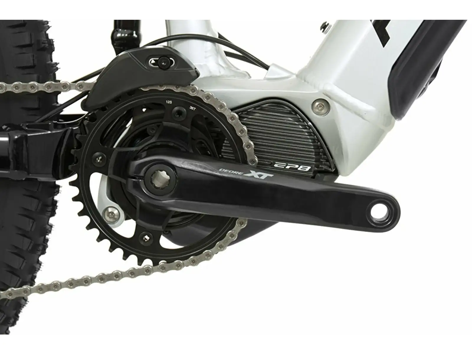 Rock Machine Blizzard INT e90-297 Gloss Silber/Schwarz/Grün, vollgefedertes E-Bike.