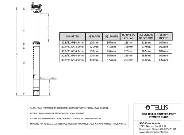 SDG Tellis 200 mm Teleskop-Sattelstütze 31,6×572mm