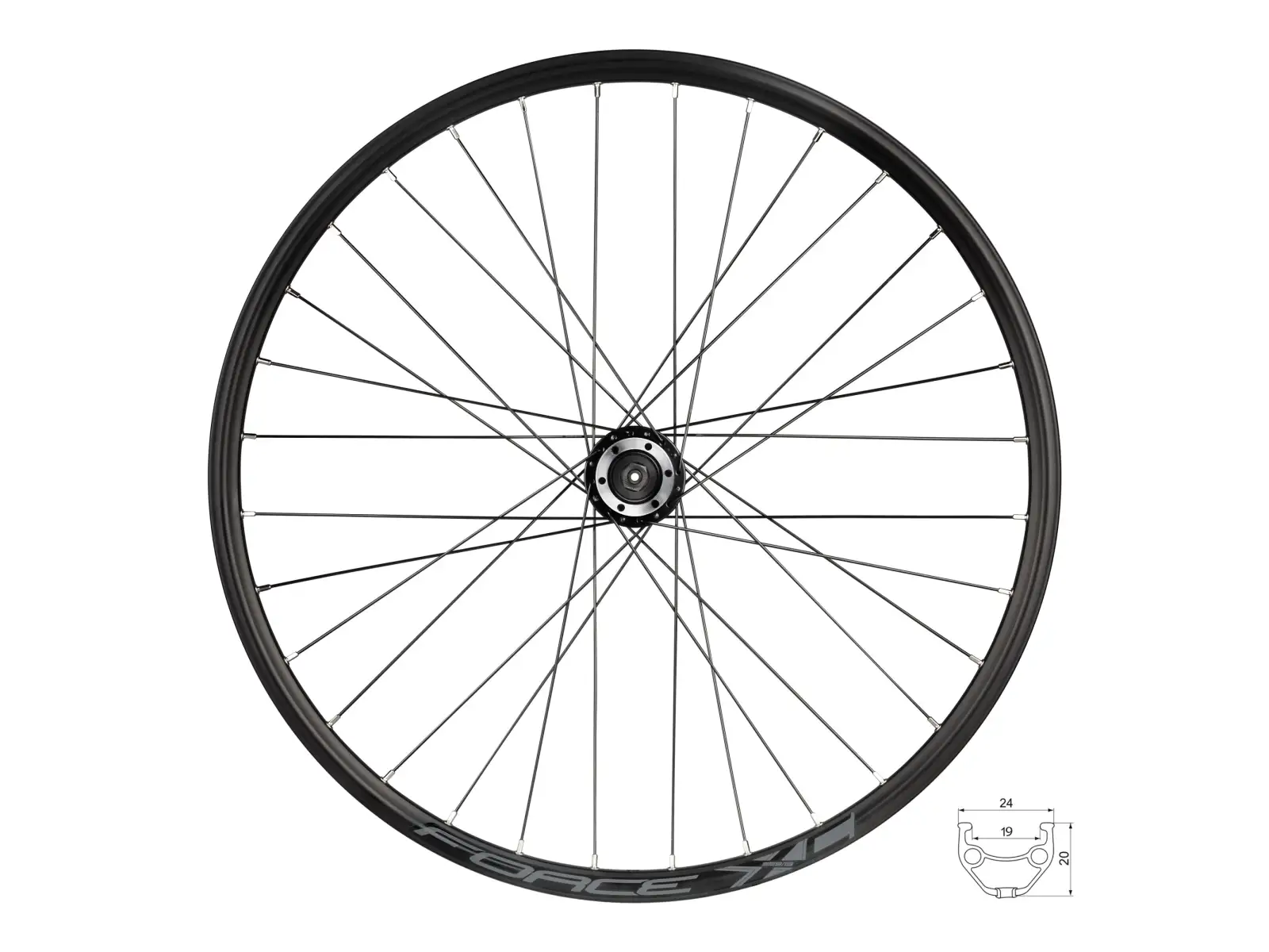 Force XC Disc 26" Vorderrad eingespeicht mit Force F804332 Nabe.