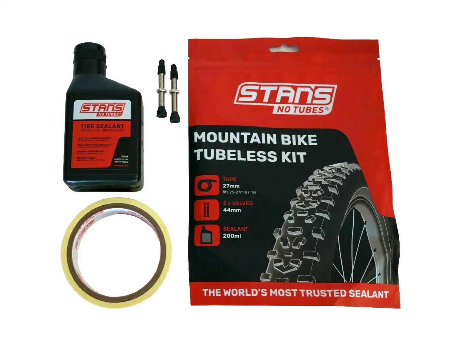 No Tubes Tubeless Conversion Kit für MTB - Felgenbänder 27 mm, Ventile 44 mm.