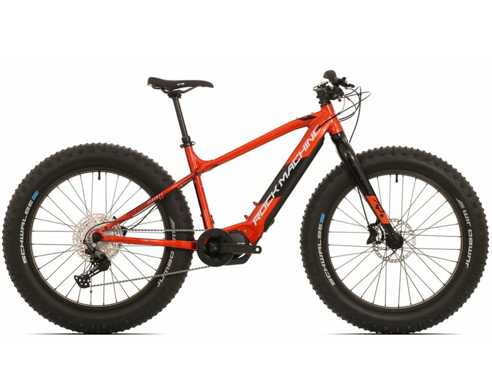 Rock Machine Avalanche INT e70-26 Fatbike E-Bike in Gloss Metallic Orange/Silver.