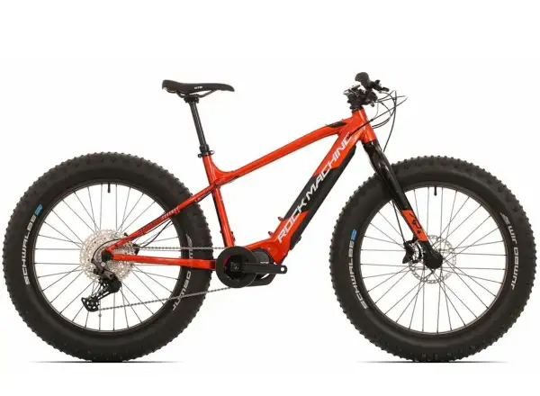 Rock Machine Avalanche INT e70-26 Fatbike E-Bike in Gloss Metallic Orange/Silver.
