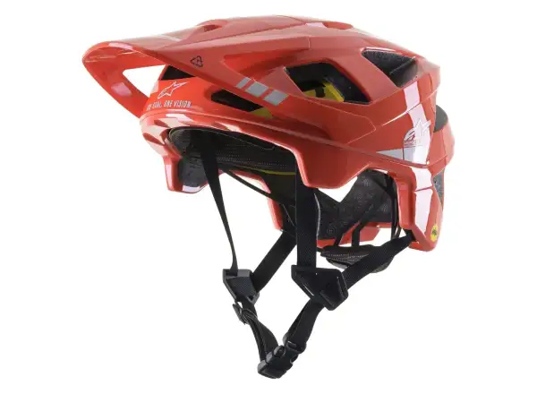 Alpinestars Vector Tech MIPS Enduro Helm in leuchtendem Rot/Hellgrau/Glanz