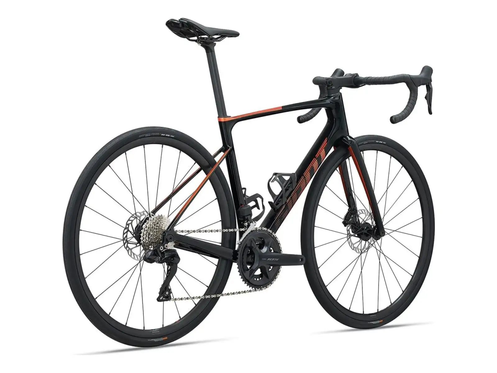Rennrad Giant Defy Advanced 1 in Schwarz/Helios Orange.