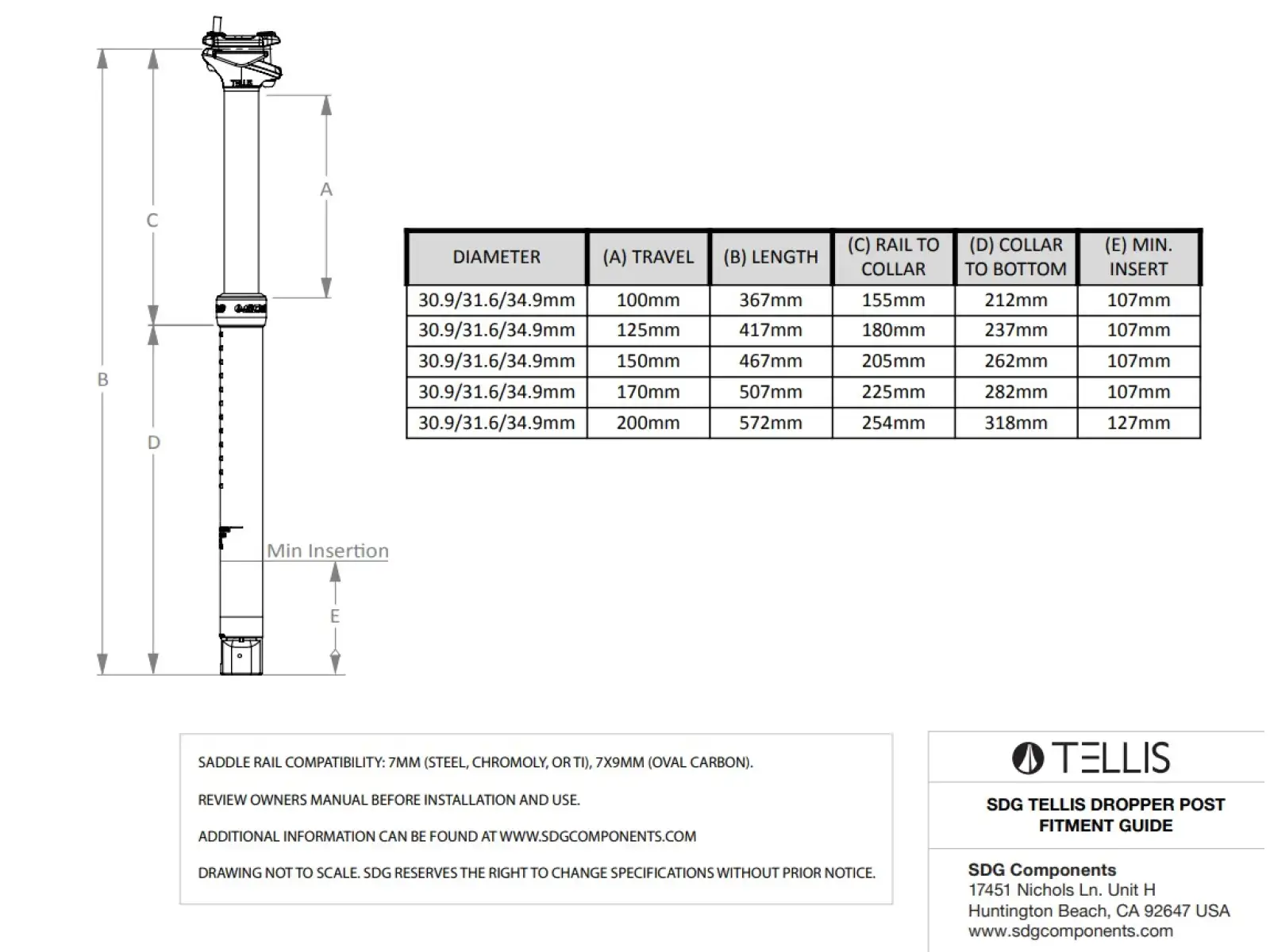 SDG Tellis 125 mm Teleskop-Sattelstütze 31,6×417 mm
