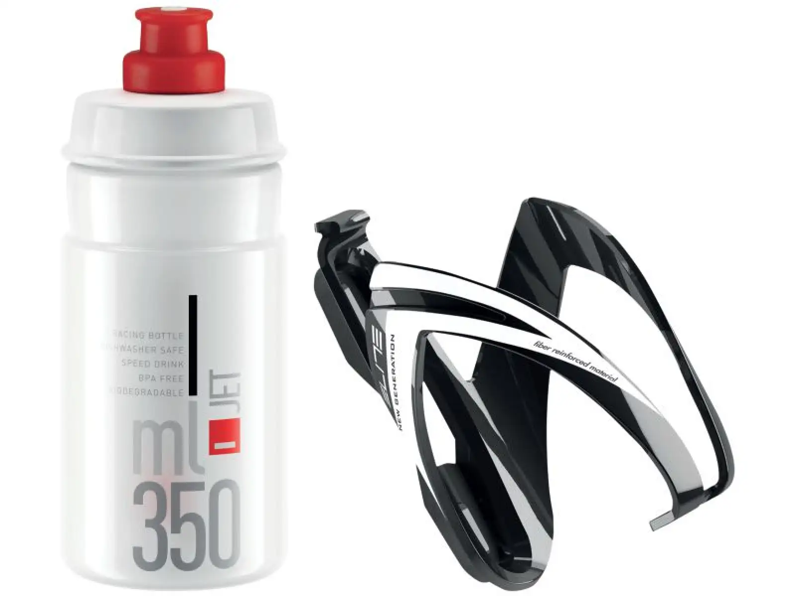 Elite Kit Ceo Korb- und Flaschenset 350 ml Schwarz glänzend/Weiß grafisch/Klar mit rotem Logo