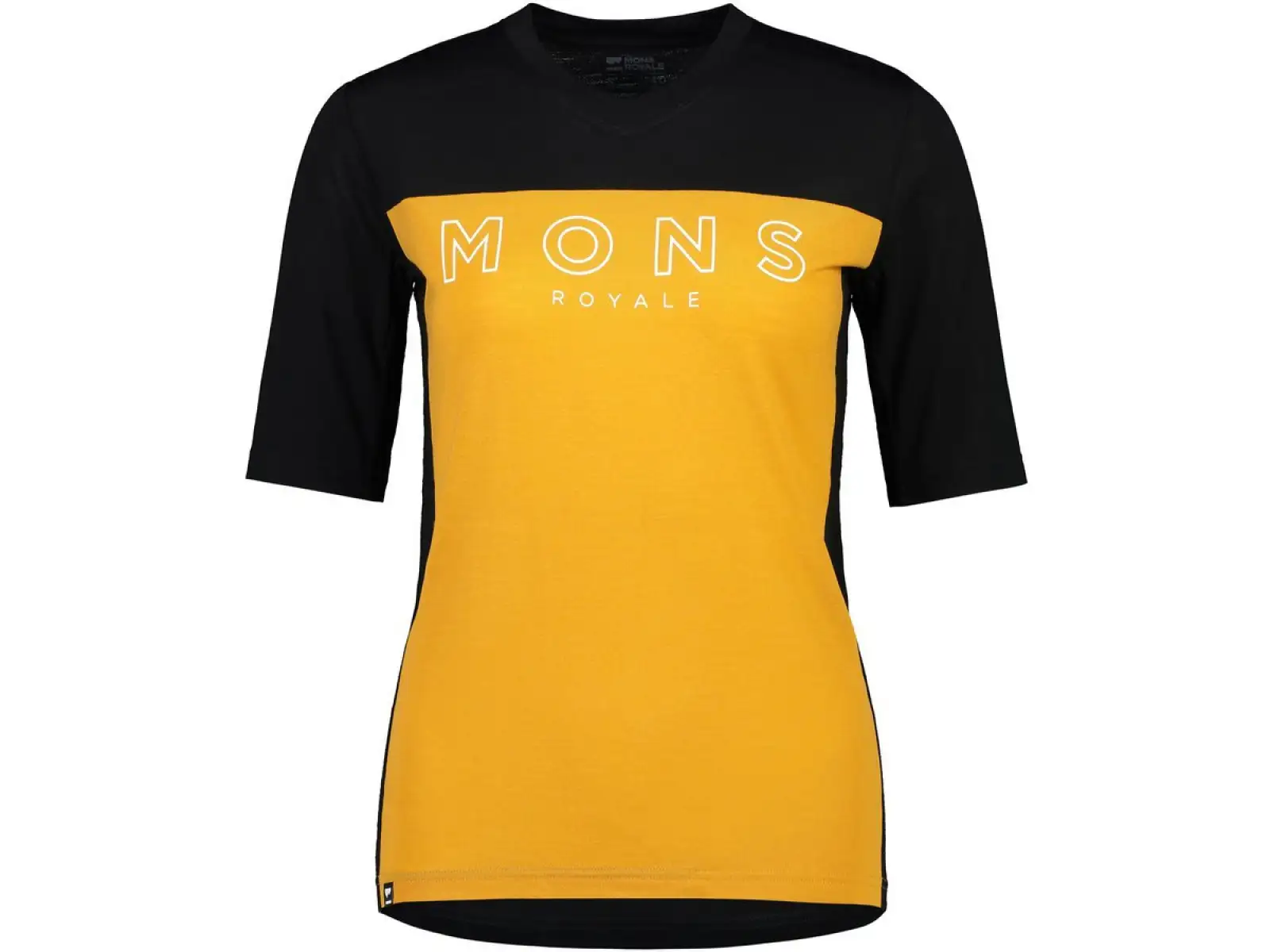 Mons Royale Redwood Enduro VT Damen-Trikot mit kurzen Ärmeln in Schwarz/Gold.