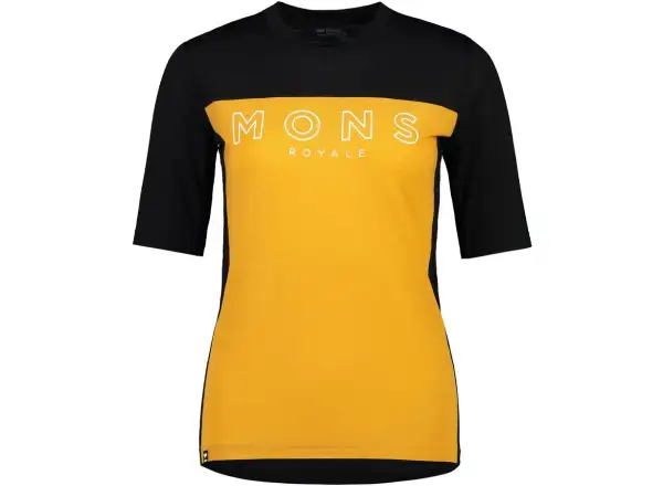 Mons Royale Redwood Enduro VT Damen-Trikot mit kurzen Ärmeln in Schwarz/Gold.