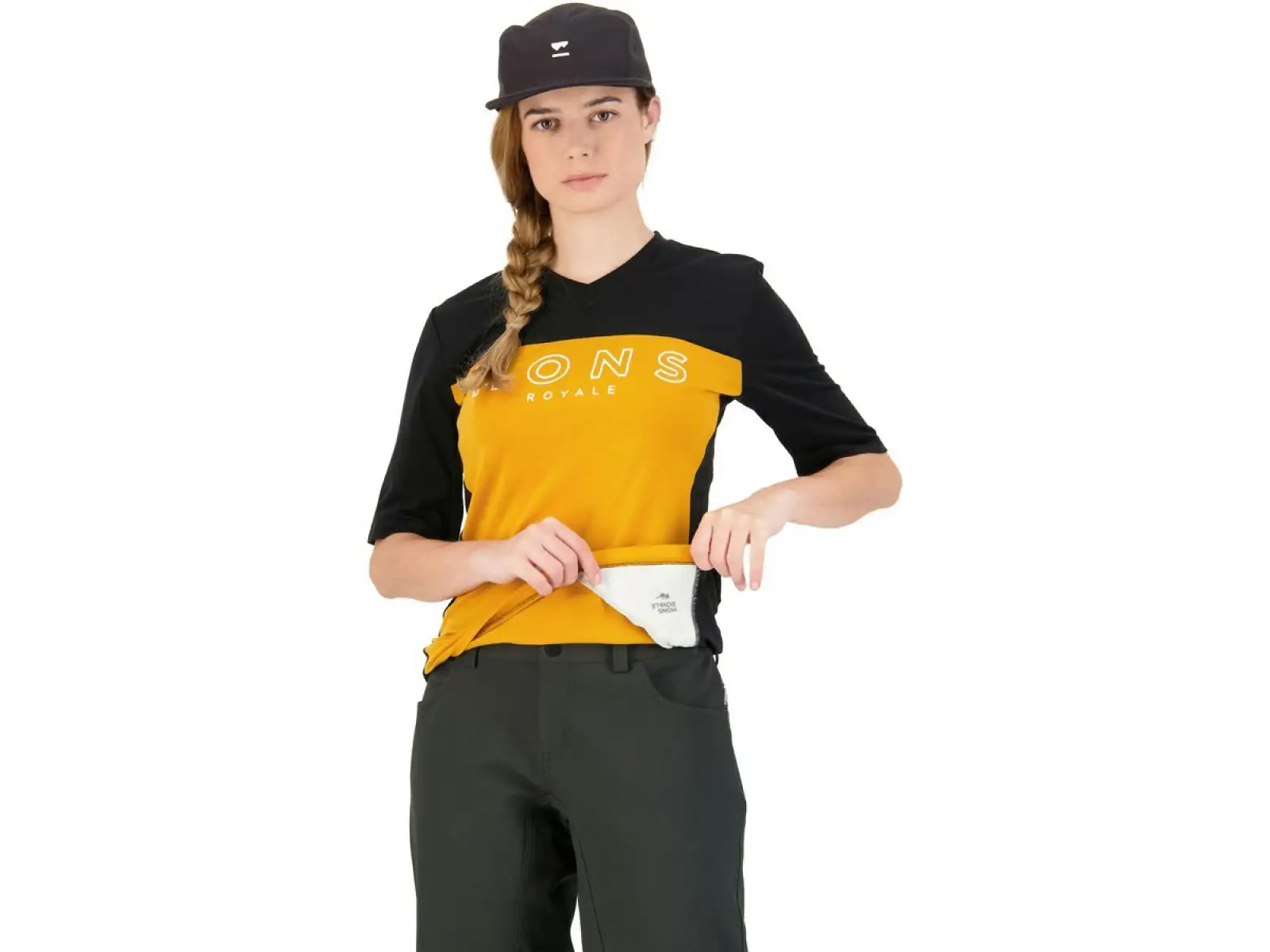 Mons Royale Redwood Enduro VT Damen-Trikot mit kurzen Ärmeln in Schwarz/Gold.