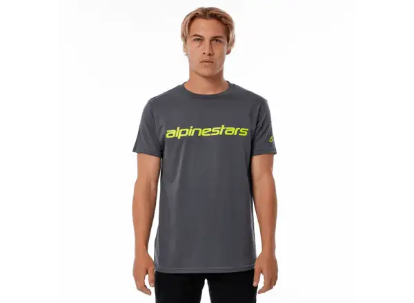 Alpinestars Linear Wordmark Herren-T-Shirt mit kurzen Ärmeln in Kohle/Neongelb.