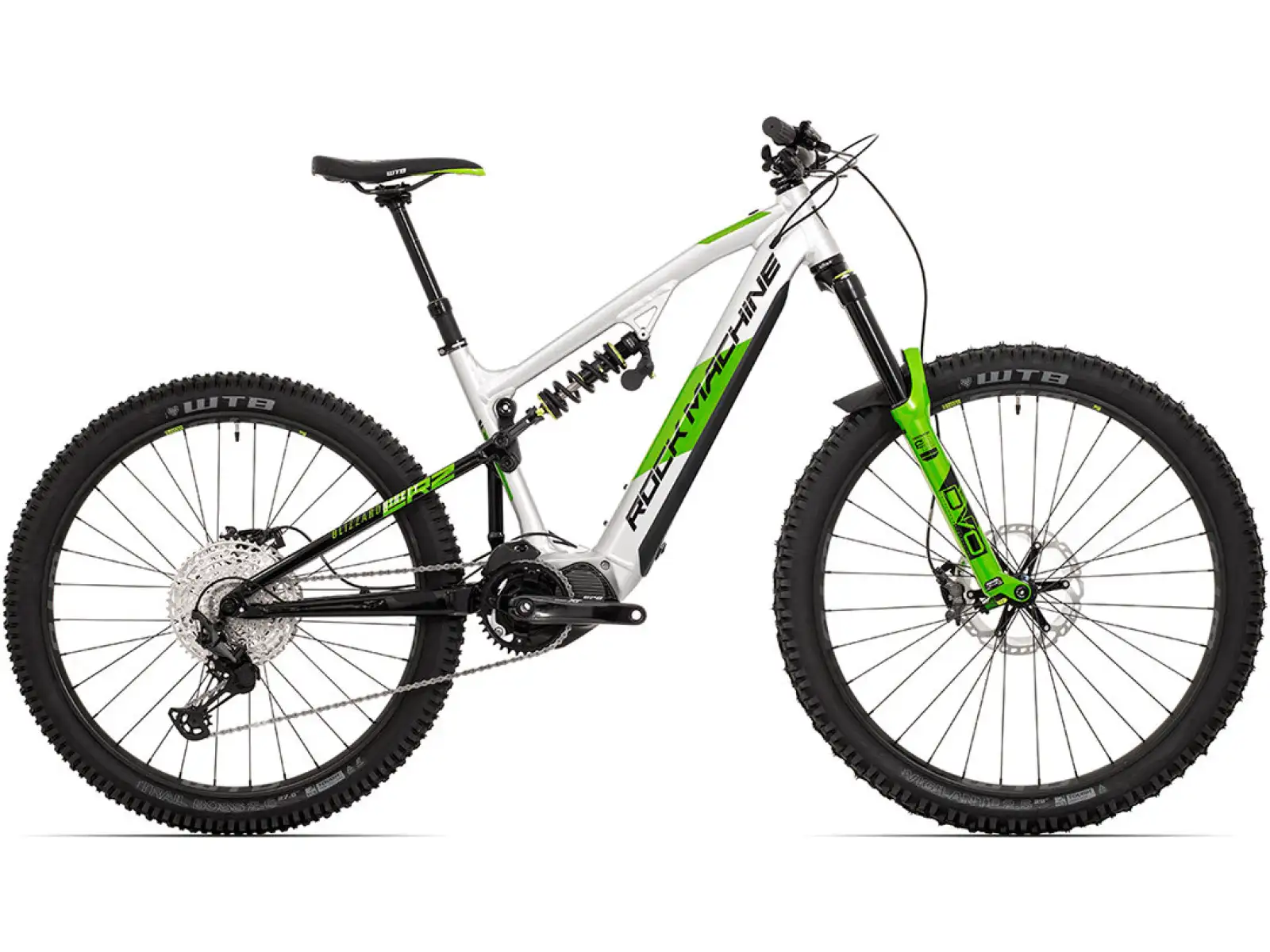 Rock Machine Blizzard INT e90-297 Gloss Silber/Schwarz/Grün, vollgefedertes E-Bike.
