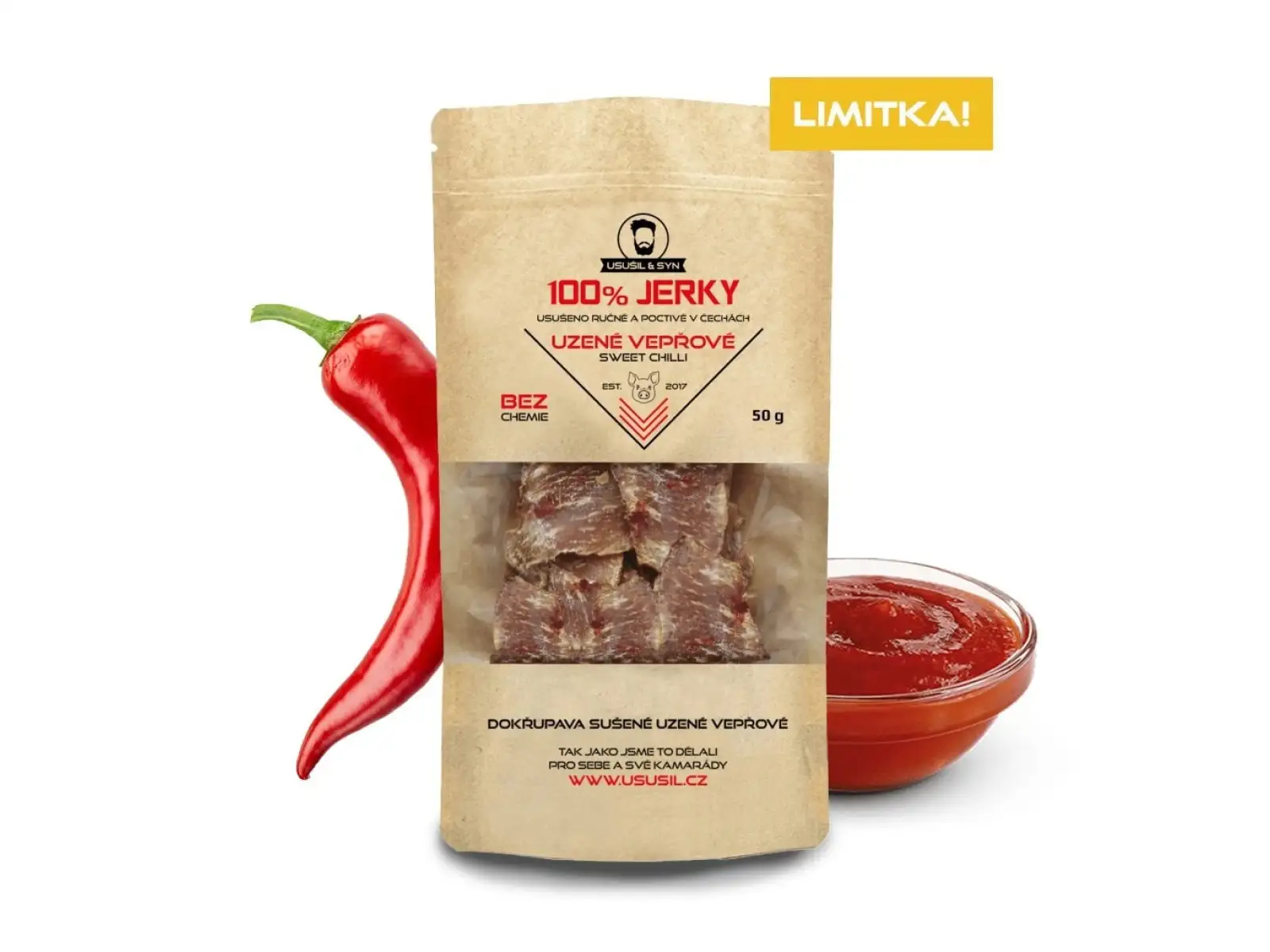 Usušil & Sohn 100% JERKY Geräuchertes Schweinefleisch Sweet Chilli 50 g