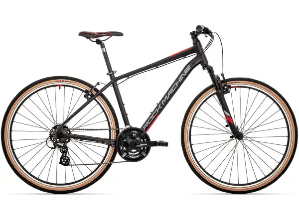 Rock Machine CrossRide 100 in mattem Schwarz/Dunkelgrau/Ziegelrot Trekkingrad.