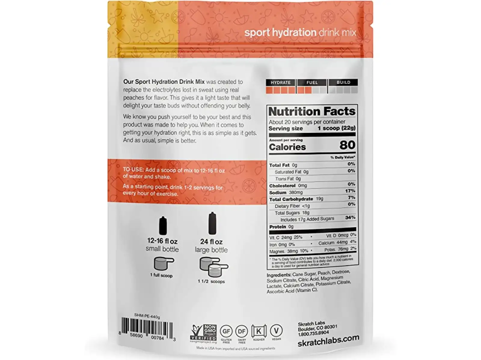 Skratch Labs Hydratation Sport Drink Mix isotonisches Getränkepulver 440 g Pfirsich