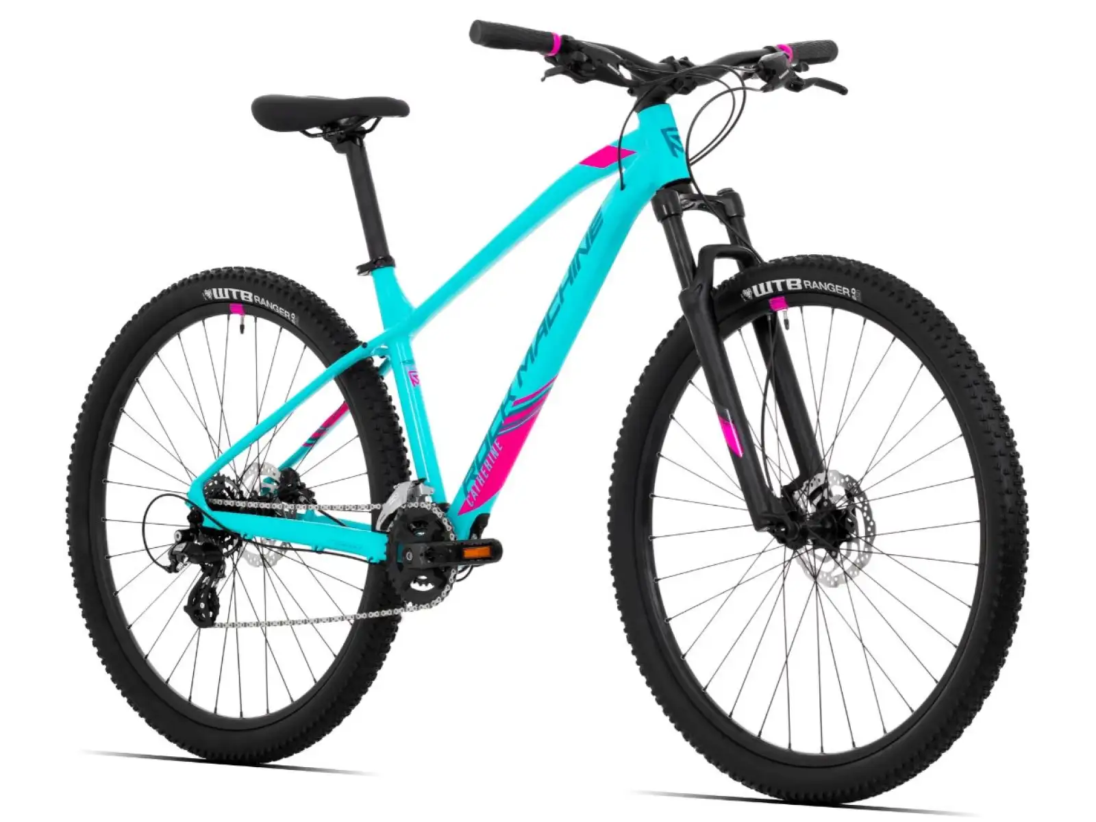 Rock Machine Catherine 10-29 in Neon Cyan/Petrol/Pink mountain bike.