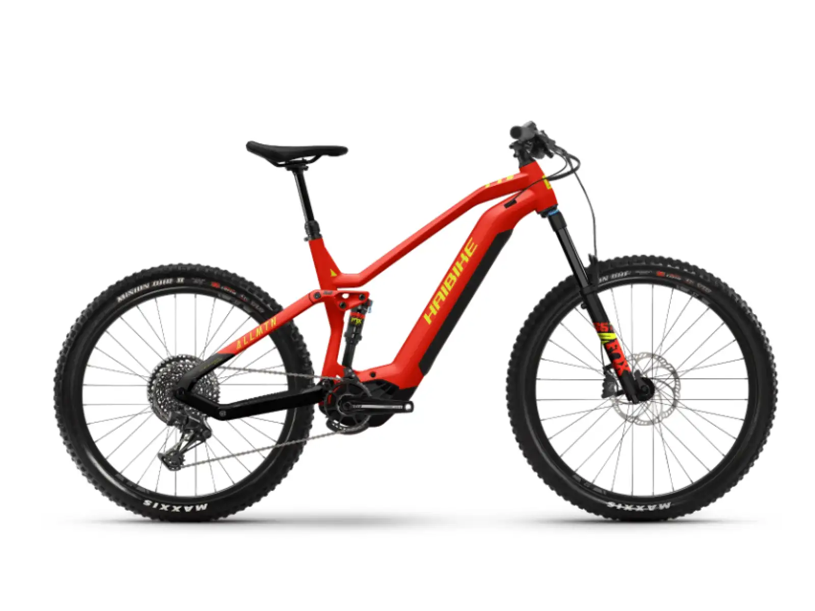 Das Haibike AllMtn 7 vollgefederte E-Bike Matt Rot/Schwarz/Neon.