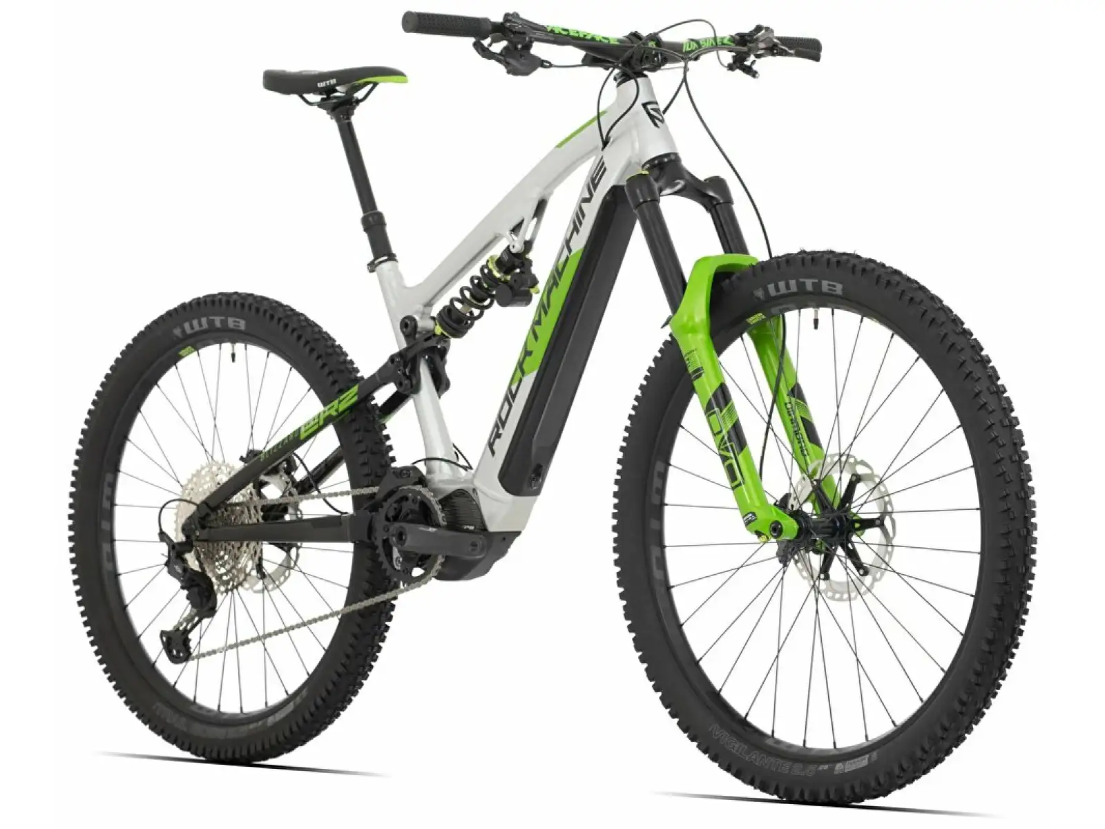 Rock Machine Blizzard INT e90-297 Gloss Silber/Schwarz/Grün, vollgefedertes E-Bike.