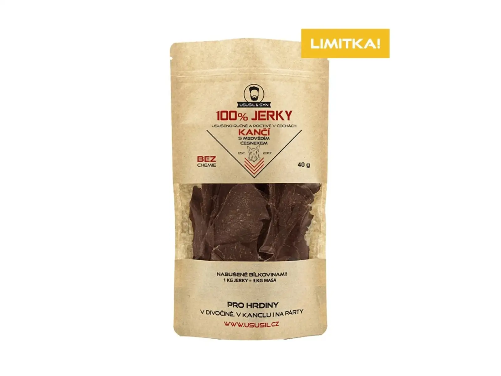 Usušil & syn 100% JERKY Wildschwein mit Bärentatze Knoblauch 40 g