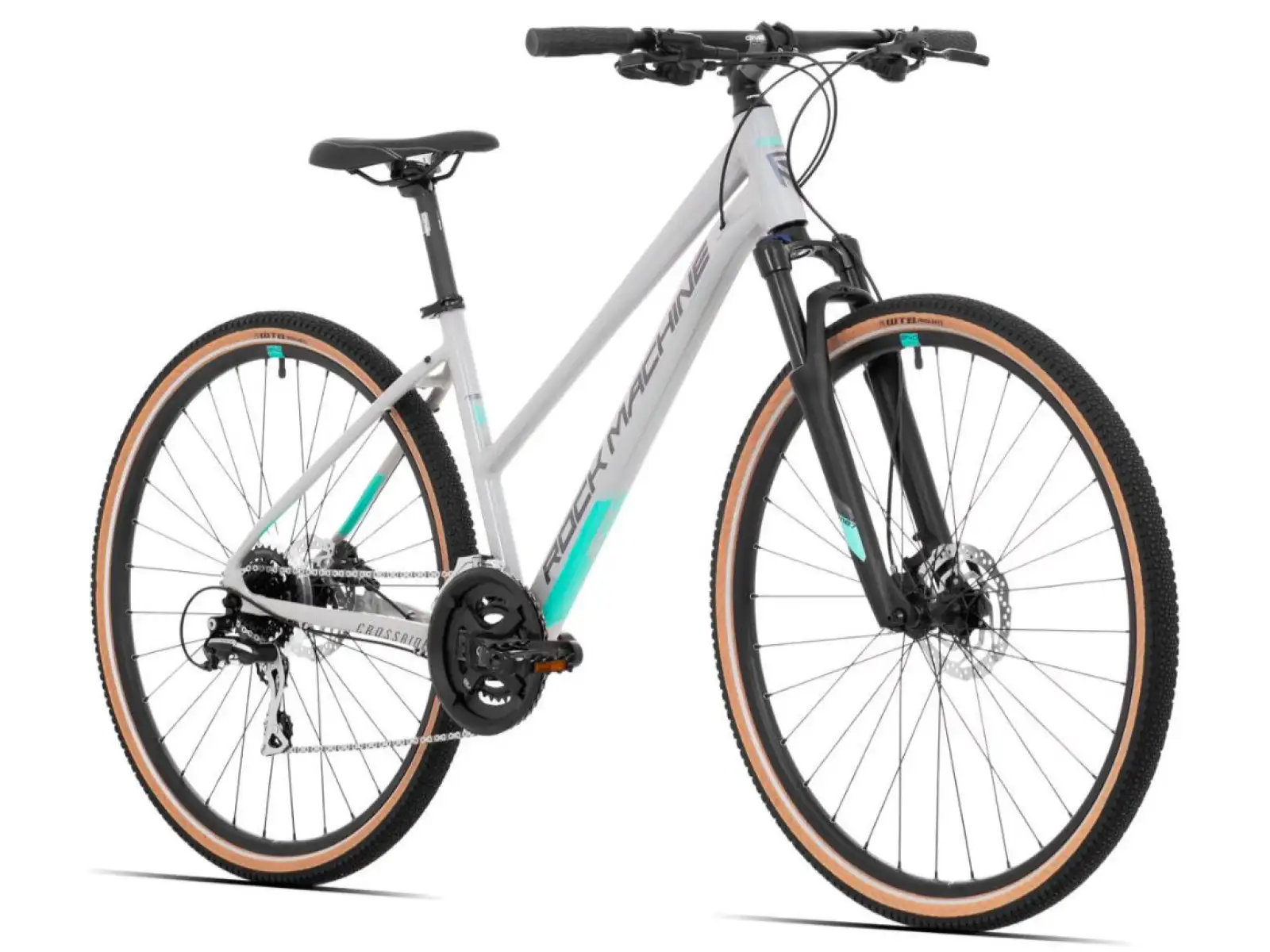 Rock Machine CrossRide 300 Lady in glänzendem Hell- und Dunkelgrau, Damen-Trekkingrad.